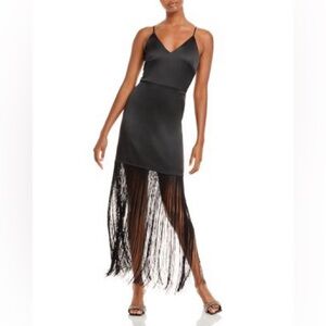 Lucy Paris Black Satin Midi Fringe Dress